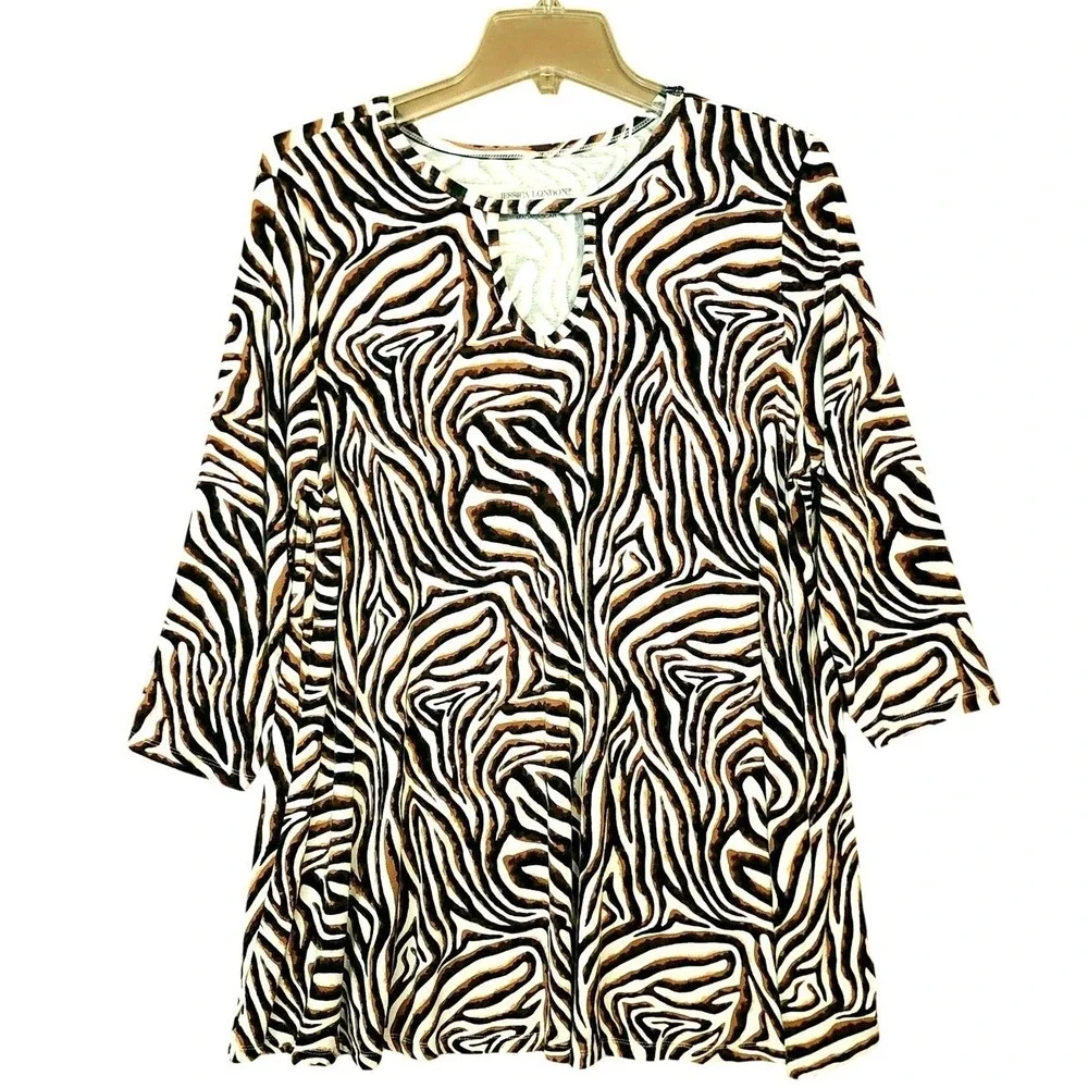 Jessica London Zebra Print Tunic 14/16 Keyhole Wrinkle-Free Casual Travel Top